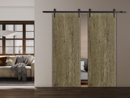 Modern Double Barn Door | BASIC 3001 Antique Oak | 13FT Rail Track Set | Solid Panel Interior Doors