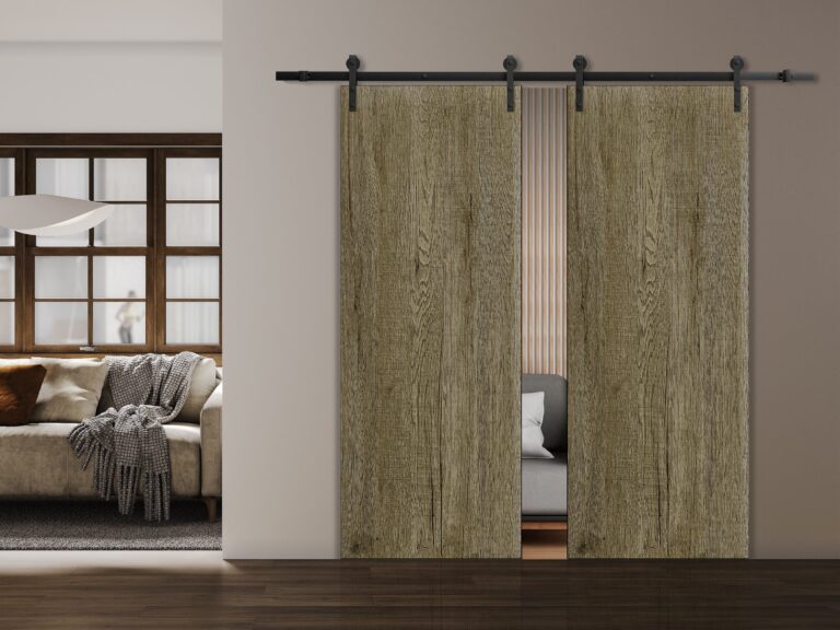 Modern Double Barn Door | BASIC 3001 Antique Oak | 13FT Rail Track Set | Solid Panel Interior Doors