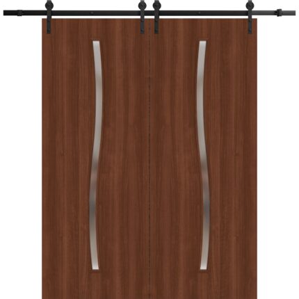 Modern Double Barn Door | BASIC 3002 Walnut | 13FT Rail Track Set | Solid Panel Interior Doors