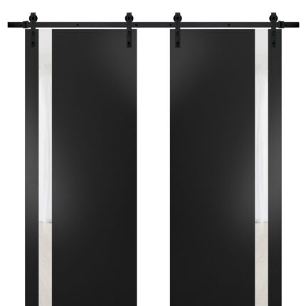 Sturdy Double Barn Door | Planum 0040 Matte Black with White Glass | 13FT Rail Hangers Heavy Set | Solid Panel Interior Doors