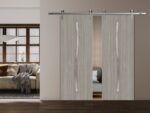 Modern Double Barn Door | BASIC 3002 Oak | 13FT Silver Rail Track Set | Solid Panel Interior Doors - Image 2