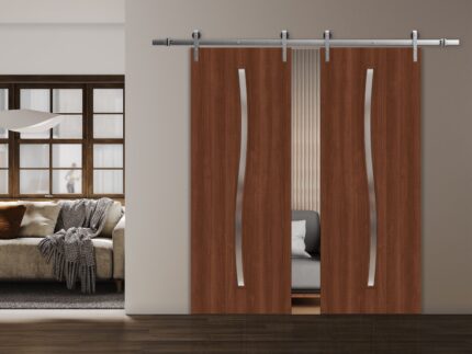 Modern Double Barn Door | BASIC 3002 Walnut | 13FT Silver Rail Track Set | Solid Panel Interior Doors