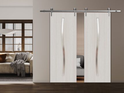 Modern Double Barn Door | BASIC 3002 Ash | 13FT Silver Rail Track Set | Solid Panel Interior Doors