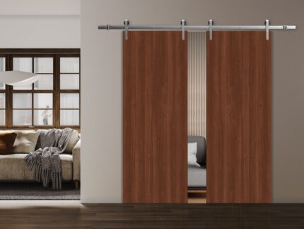 Modern Double Barn Door | BASIC 3001 Walnut | 13FT Silver Rail Track Set | Solid Panel Interior Doors