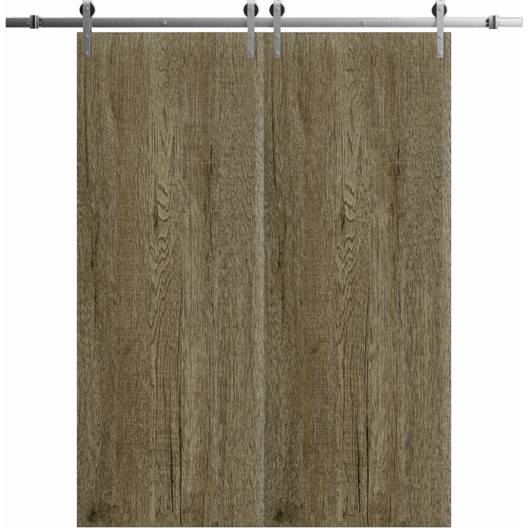 Modern Double Barn Door | BASIC 3001 Antique Oak | 13FT Silver Rail Track Set | Solid Panel Interior Doors