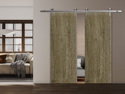 Modern Double Barn Door | BASIC 3001 Antique Oak | 13FT Silver Rail Track Set | Solid Panel Interior Doors