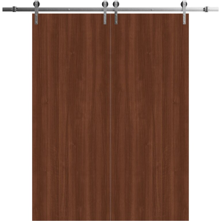 Modern Double Barn Door | BASIC 3001 Walnut | 13FT Silver Rail Track Set | Solid Panel Interior Doors