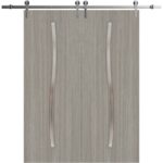 Modern Double Barn Door | BASIC 3002 Oak | 13FT Silver Rail Track Set | Solid Panel Interior Doors