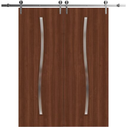 Modern Double Barn Door | BASIC 3002 Walnut | 13FT Silver Rail Track Set | Solid Panel Interior Doors