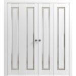 Sliding Closet Double Bi-fold Doors | Planum 0888 Painted White with Frosted Glass | Sturdy Tracks Moldings Trims Hardware Set | Wood Solid Bedroom Wardrobe Doors - Image 5