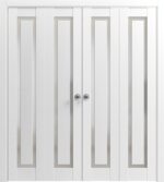 Sliding Closet Double Bi-fold Doors | Planum 0888 Painted White with Frosted Glass | Sturdy Tracks Moldings Trims Hardware Set | Wood Solid Bedroom Wardrobe Doors