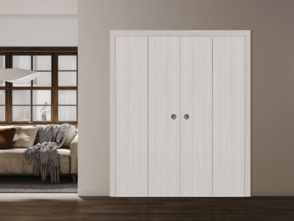 Sliding Closet Double Bi-fold Doors | BASIC 3001 Ash | Sturdy Tracks Moldings Trims Hardware Set | Wood Solid Bedroom Wardrobe Doors