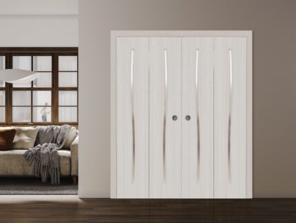 Sliding Closet Double Bi-fold Doors | BASIC 3002 Ash | Sturdy Tracks Moldings Trims Hardware Set | Wood Solid Bedroom Wardrobe Doors