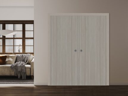 Sliding Closet Double Bi-fold Doors | BASIC 3001 Oak | Sturdy Tracks Moldings Trims Hardware Set | Wood Solid Bedroom Wardrobe Doors