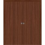 Sliding Closet Double Bi-fold Doors | BASIC 3001 Walnut | Sturdy Tracks Moldings Trims Hardware Set | Wood Solid Bedroom Wardrobe Doors