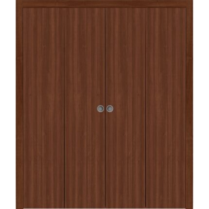 Sliding Closet Double Bi-fold Doors | BASIC 3001 Walnut | Sturdy Tracks Moldings Trims Hardware Set | Wood Solid Bedroom Wardrobe Doors