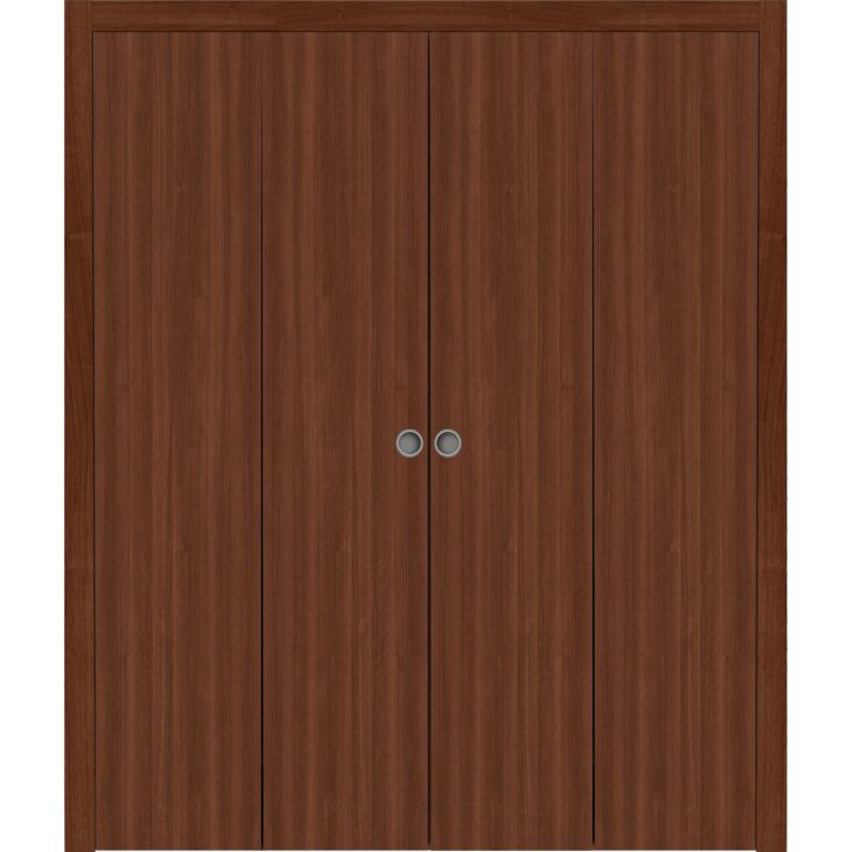 Sliding Closet Double Bi-fold Doors | BASIC 3001 Walnut | Sturdy Tracks Moldings Trims Hardware Set | Wood Solid Bedroom Wardrobe Doors
