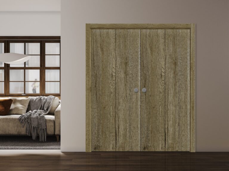 Sliding Closet Double Bi-fold Doors | BASIC 3001 Antique Oak | Sturdy Tracks Moldings Trims Hardware Set | Wood Solid Bedroom Wardrobe Doors