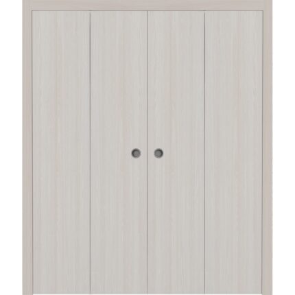 Sliding Closet Double Bi-fold Doors | BASIC 3001 Ash | Sturdy Tracks Moldings Trims Hardware Set | Wood Solid Bedroom Wardrobe Doors