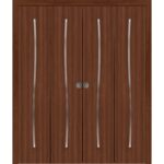 Sliding Closet Double Bi-fold Doors | BASIC 3002 Walnut | Sturdy Tracks Moldings Trims Hardware Set | Wood Solid Bedroom Wardrobe Doors