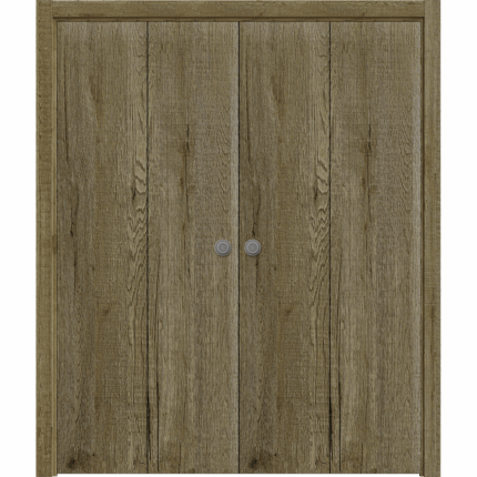 Sliding Closet Double Bi-fold Doors | BASIC 3001 Antique Oak | Sturdy Tracks Moldings Trims Hardware Set | Wood Solid Bedroom Wardrobe Doors