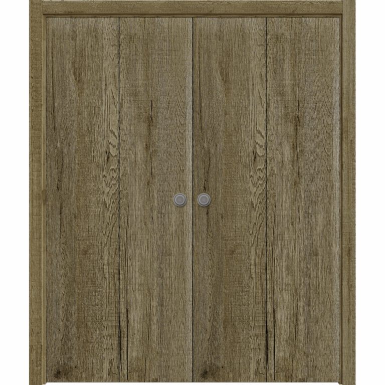 Sliding Closet Double Bi-fold Doors | BASIC 3001 Antique Oak | Sturdy Tracks Moldings Trims Hardware Set | Wood Solid Bedroom Wardrobe Doors