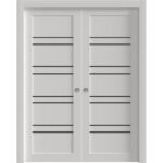 Sliding Double Pocket Doors | BASIC 4901 White with Black Glass | Kit Rail Hardware | Solid Wood Interior Bedroom Doors