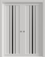 Sliding Double Pocket Doors | BASIC 4903 White with Black Glass | Kit Rail Hardware | Solid Wood Interior Bedroom Doors