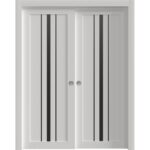 Sliding Closet Bypass Doors | BASIC 4903 White with Black Glass | Rails Hardware Set | Wood Solid Bedroom Wardrobe Doors