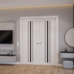 Sliding Closet Bypass Doors | BASIC 4903 White with Black Glass | Rails Hardware Set | Wood Solid Bedroom Wardrobe Doors - Image 2