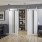Double Barn Door | BASIC 4906 White with Black Glass | 13FT Silver Rail Track Set | Solid Panel Interior Doors - Image 2