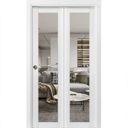 Sliding Closet Bi-fold Doors | Lucia 2166 White Silk with Clear Glass | Sturdy Tracks Moldings Trims Hardware Set | Wood Solid Bedroom Wardrobe Doors