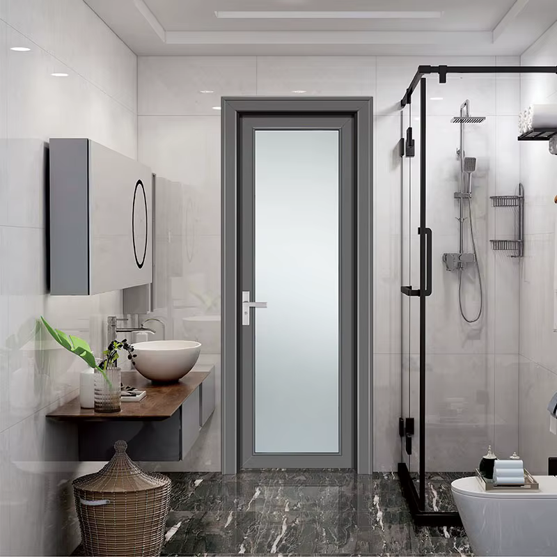 Aluminum Glass Bathroom Slab Door with Frosted Glass Vertical Hinged Thermal Insulation Modern Design for Interior Use
