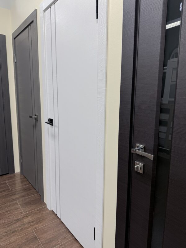 Showroom hallway with modern white and dark interior doors on concealed hinges